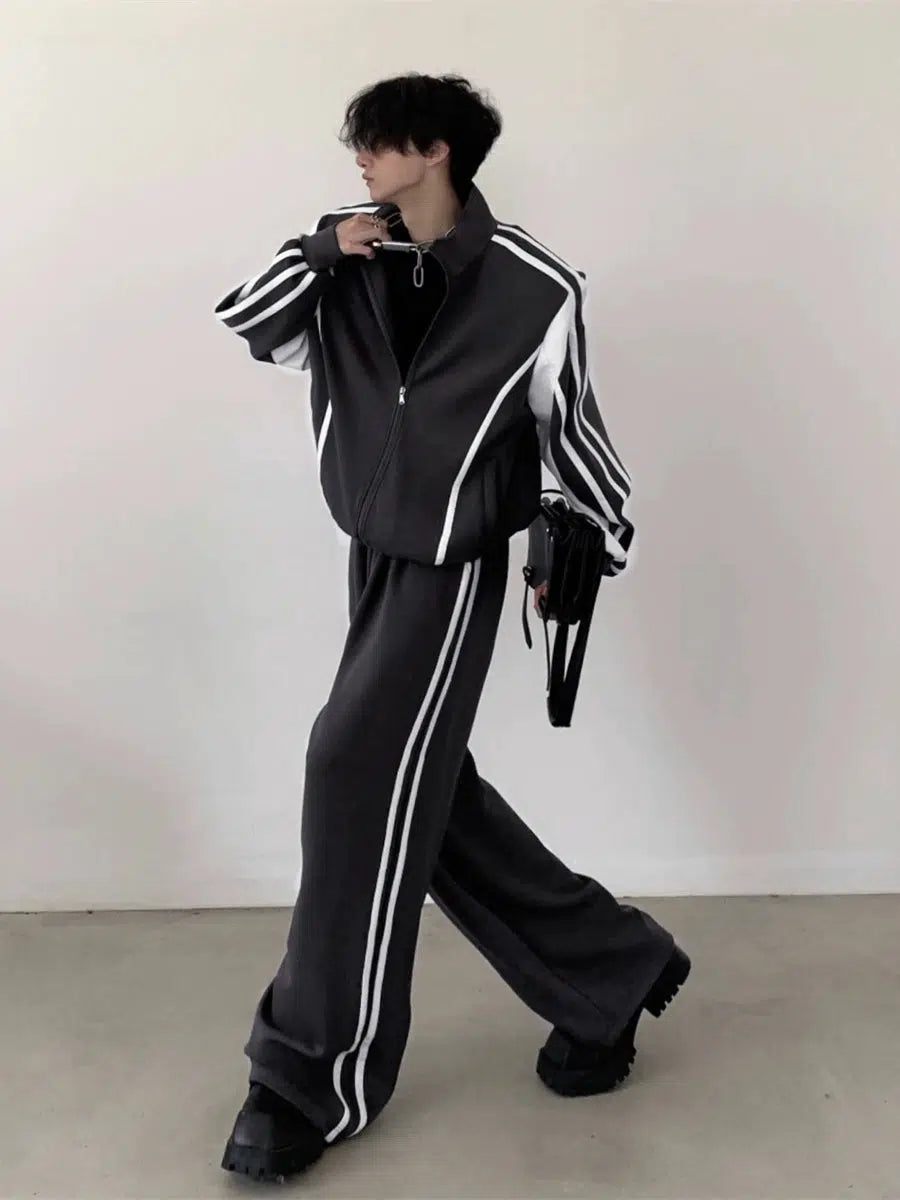 Standing-collar Sporty Jacket & Wide-leg Sporty Pants Setup