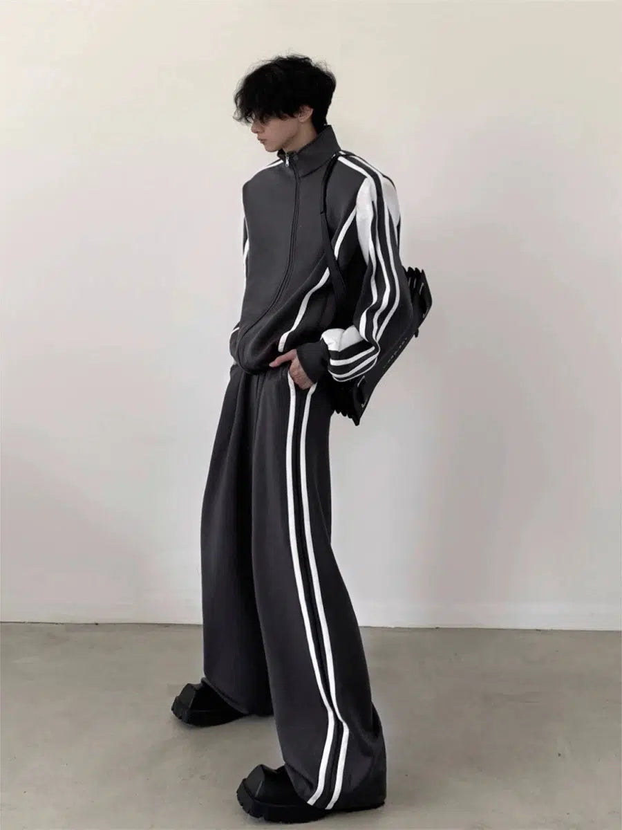 Standing-collar Sporty Jacket & Wide-leg Sporty Pants Setup