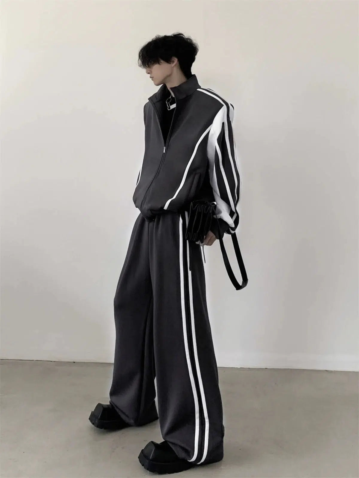 Standing-collar Sporty Jacket & Wide-leg Sporty Pants Setup