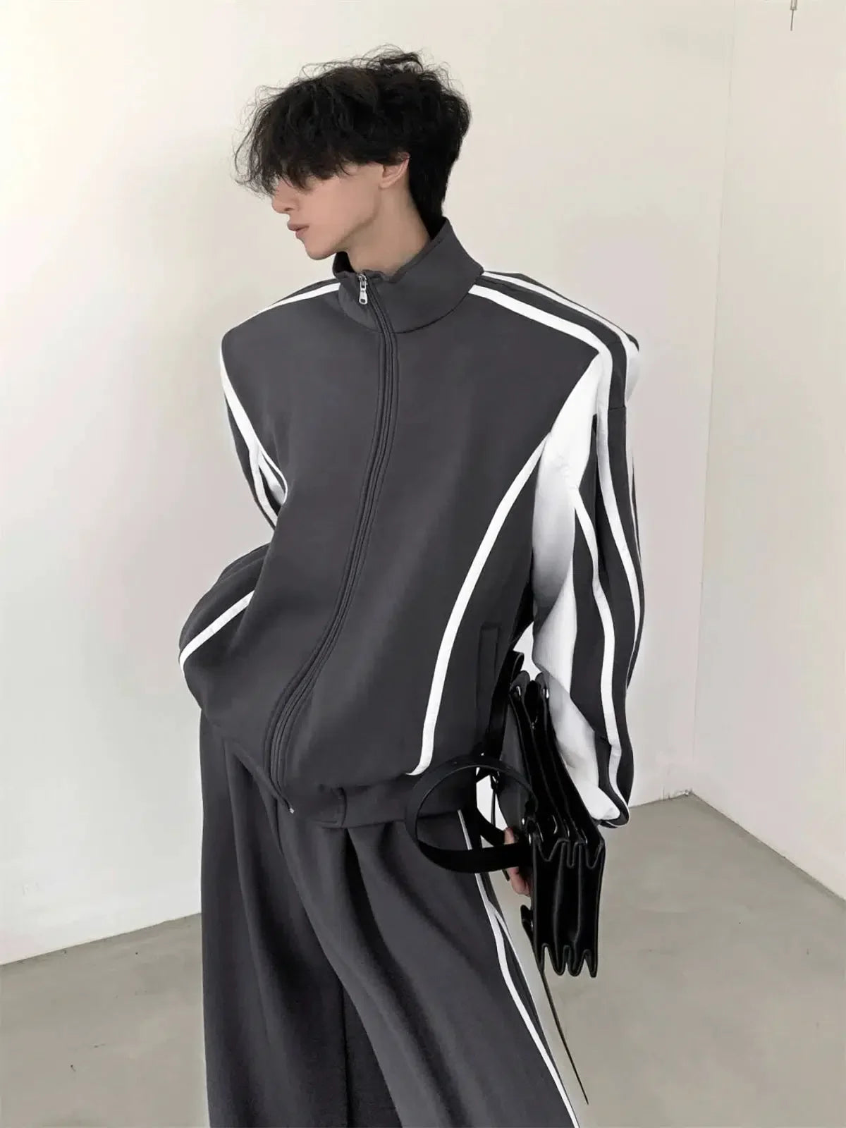 Standing-collar Sporty Jacket & Wide-leg Sporty Pants Setup
