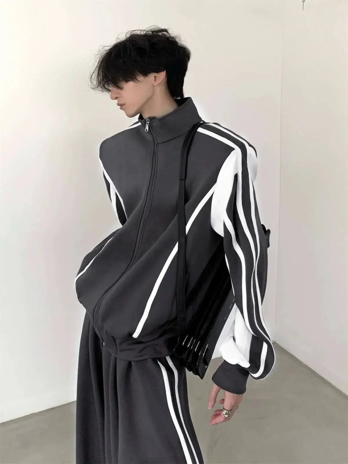 Standing-collar Sporty Jacket & Wide-leg Sporty Pants Setup