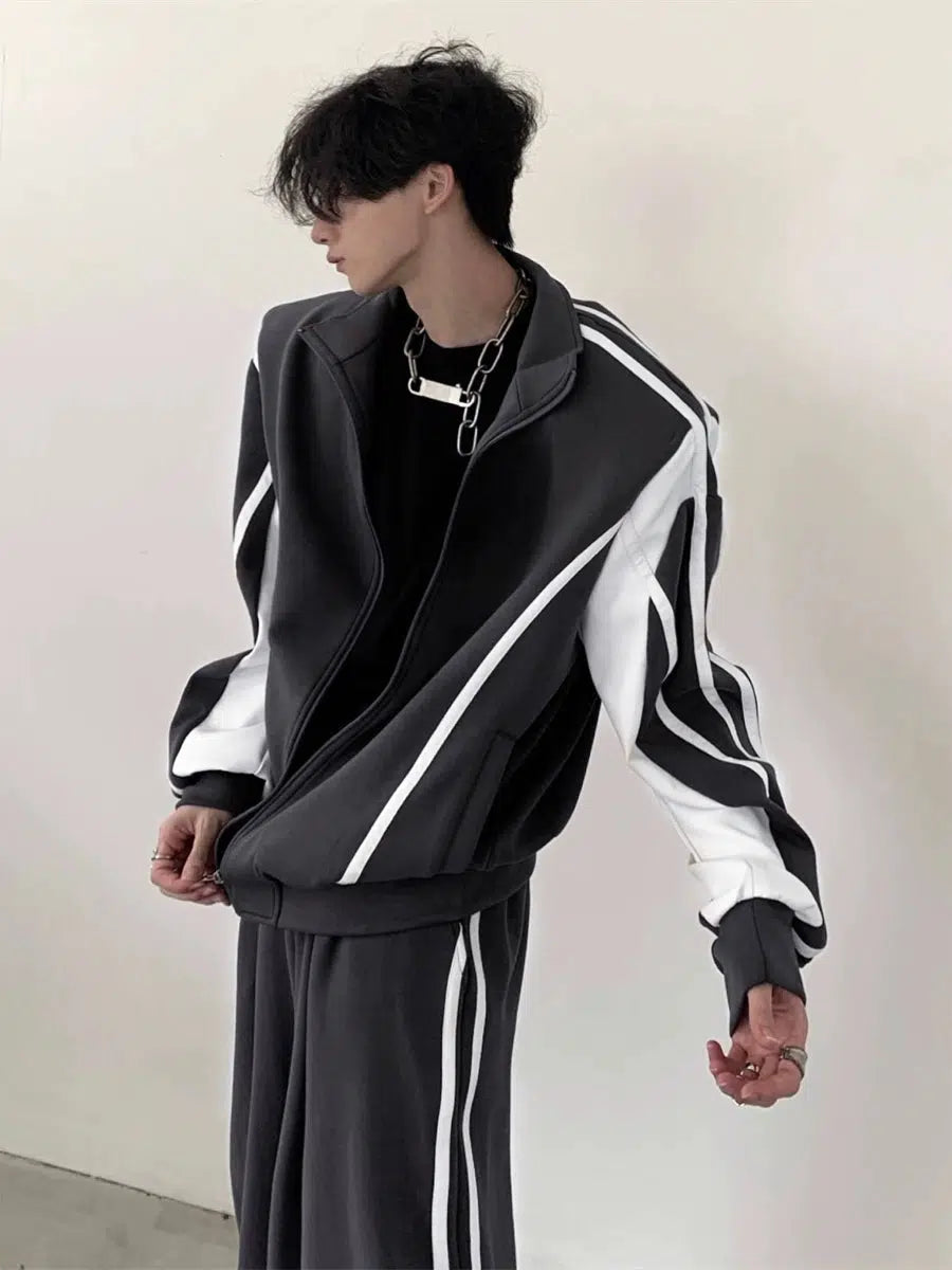 Standing-collar Sporty Jacket & Wide-leg Sporty Pants Setup