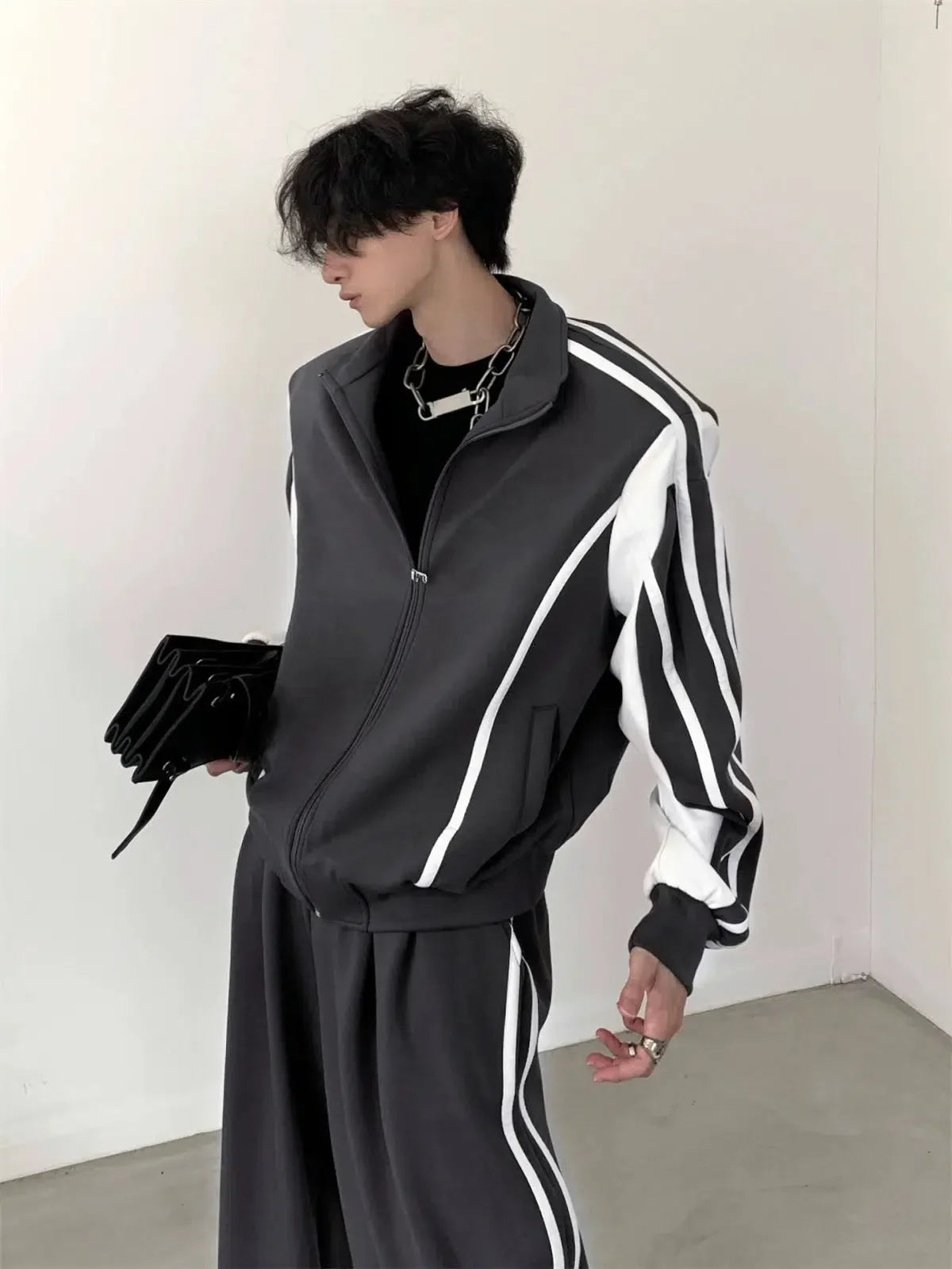 Standing-collar Sporty Jacket & Wide-leg Sporty Pants Setup