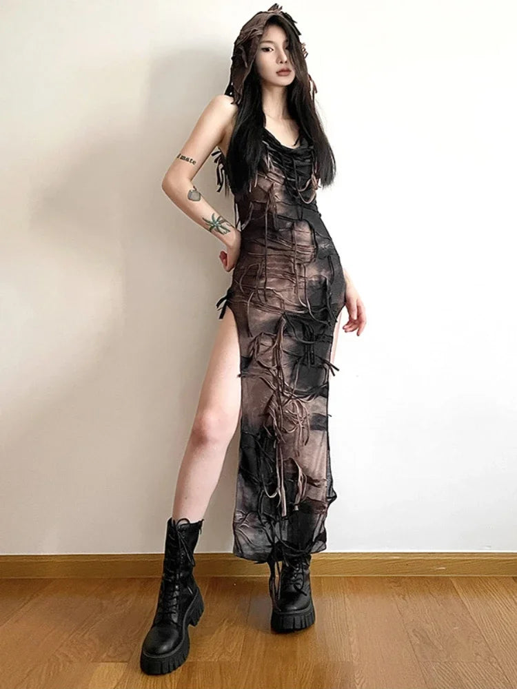 Robe midi vintage gothique à capuche et franges, style féérique grunge Y2K, sexy, fendue, sans manches, tie-dye
