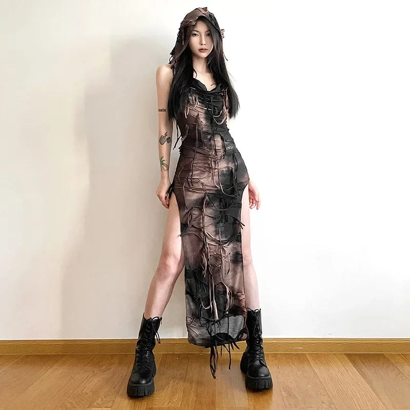 Robe midi vintage gothique à capuche et franges, style féérique grunge Y2K, sexy, fendue, sans manches, tie-dye