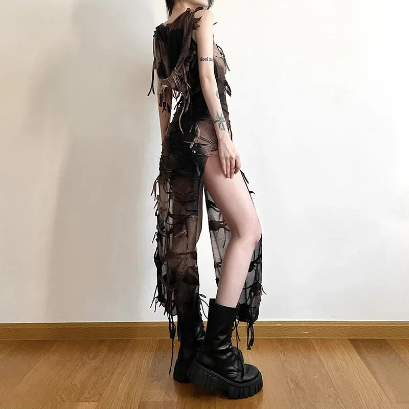 Robe midi vintage gothique à capuche et franges, style féérique grunge Y2K, sexy, fendue, sans manches, tie-dye