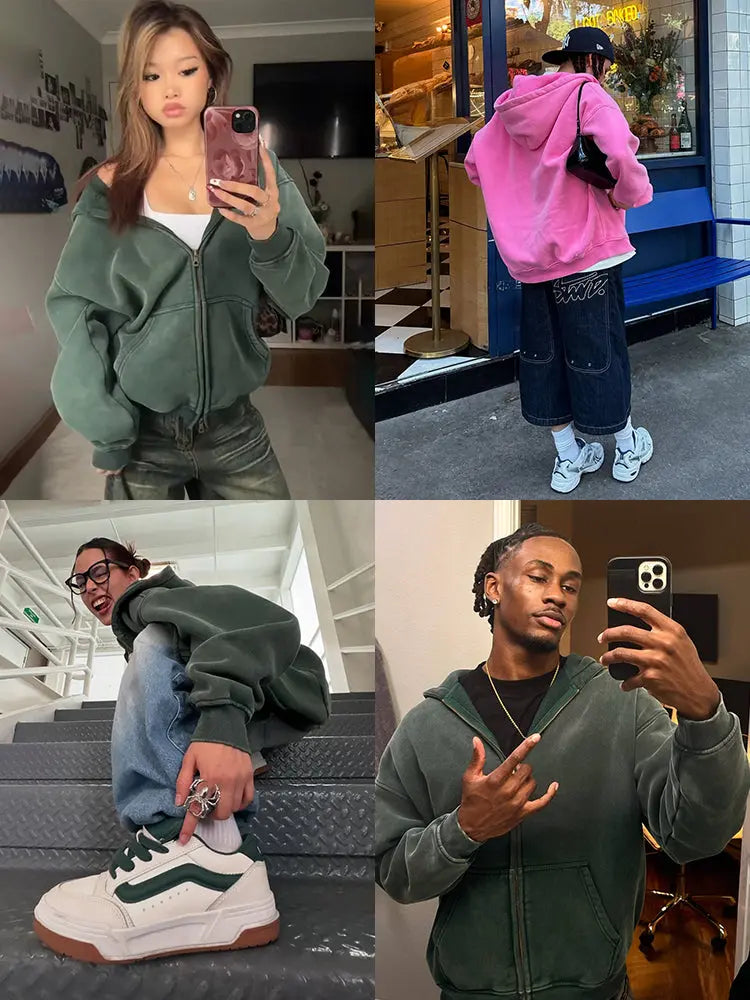Washed Distressed Fleece Zip Up Hoodies