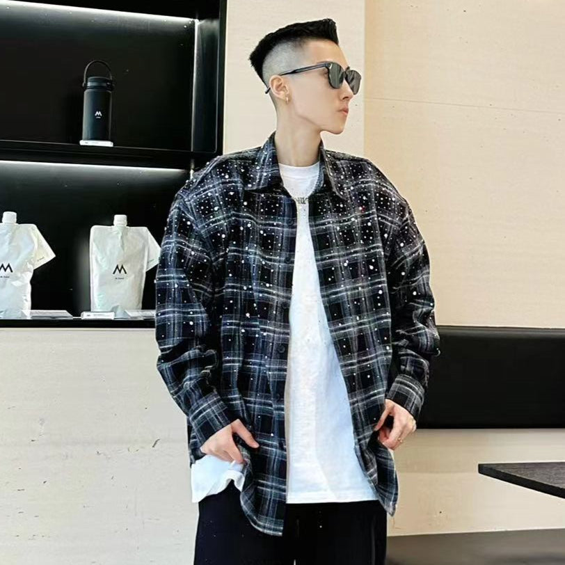 Rhinestone Plaid Long Sleeve Shirt