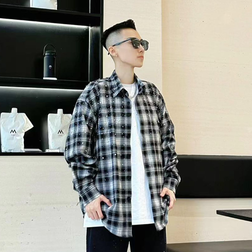 Rhinestone Plaid Long Sleeve Shirt