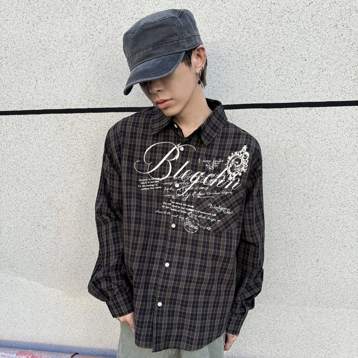Letter Print Button Oversize Long Sleeve Shirt
