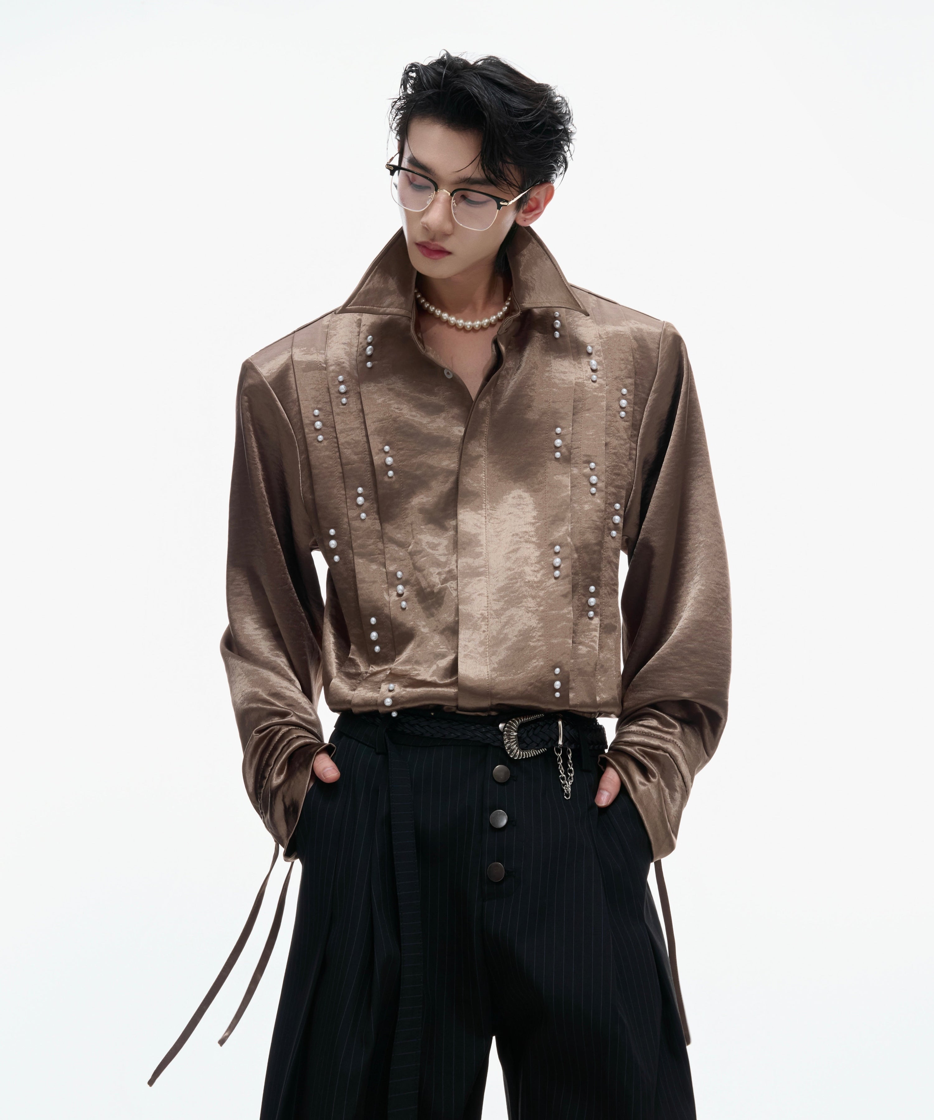 Pearl Beads Ribbon Pleats Long Sleeve Shirt