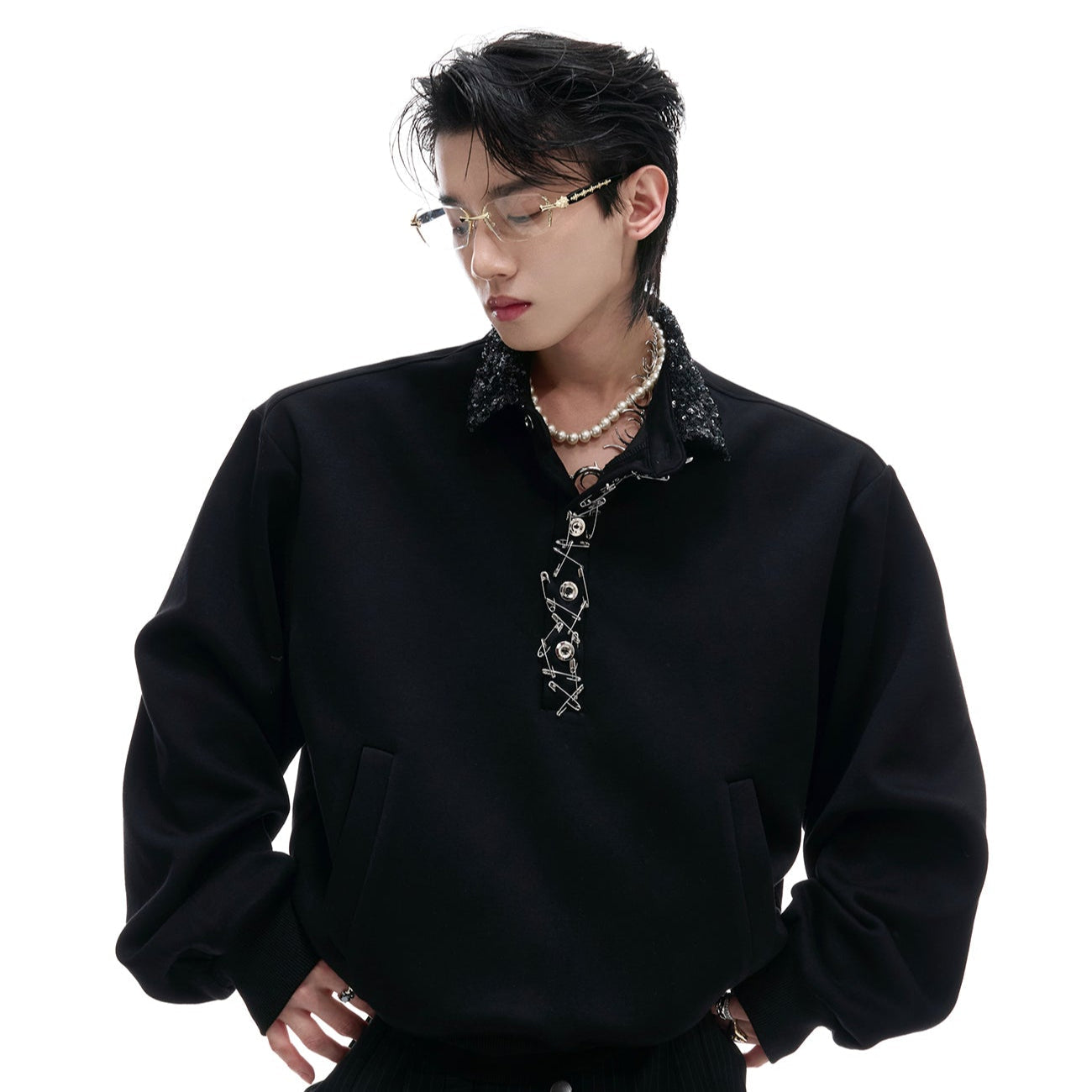 Sequin Pin Long Sleeve Polo Shirt