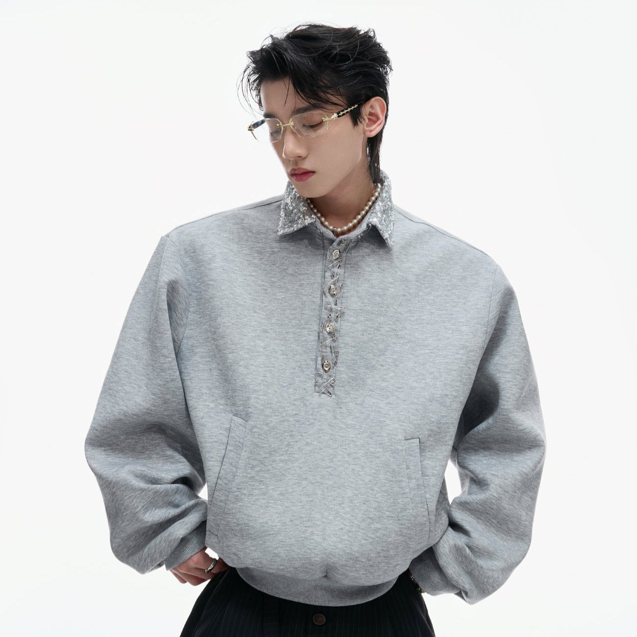 Sequin Pin Long Sleeve Polo Shirt