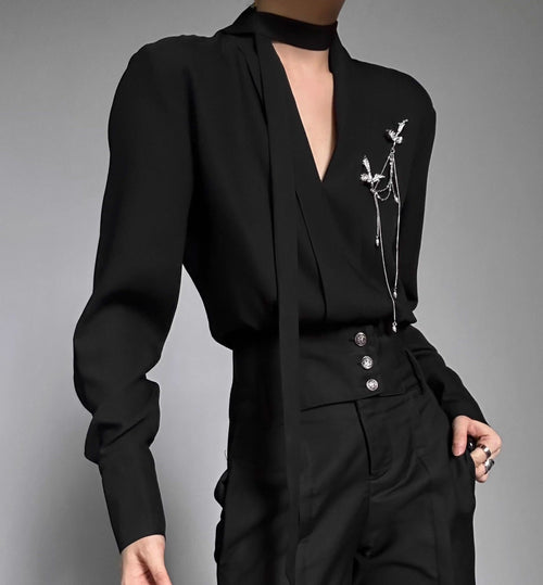 V-Neck Tie Drape Long Sleeve Shirt - Black / S / with corsage