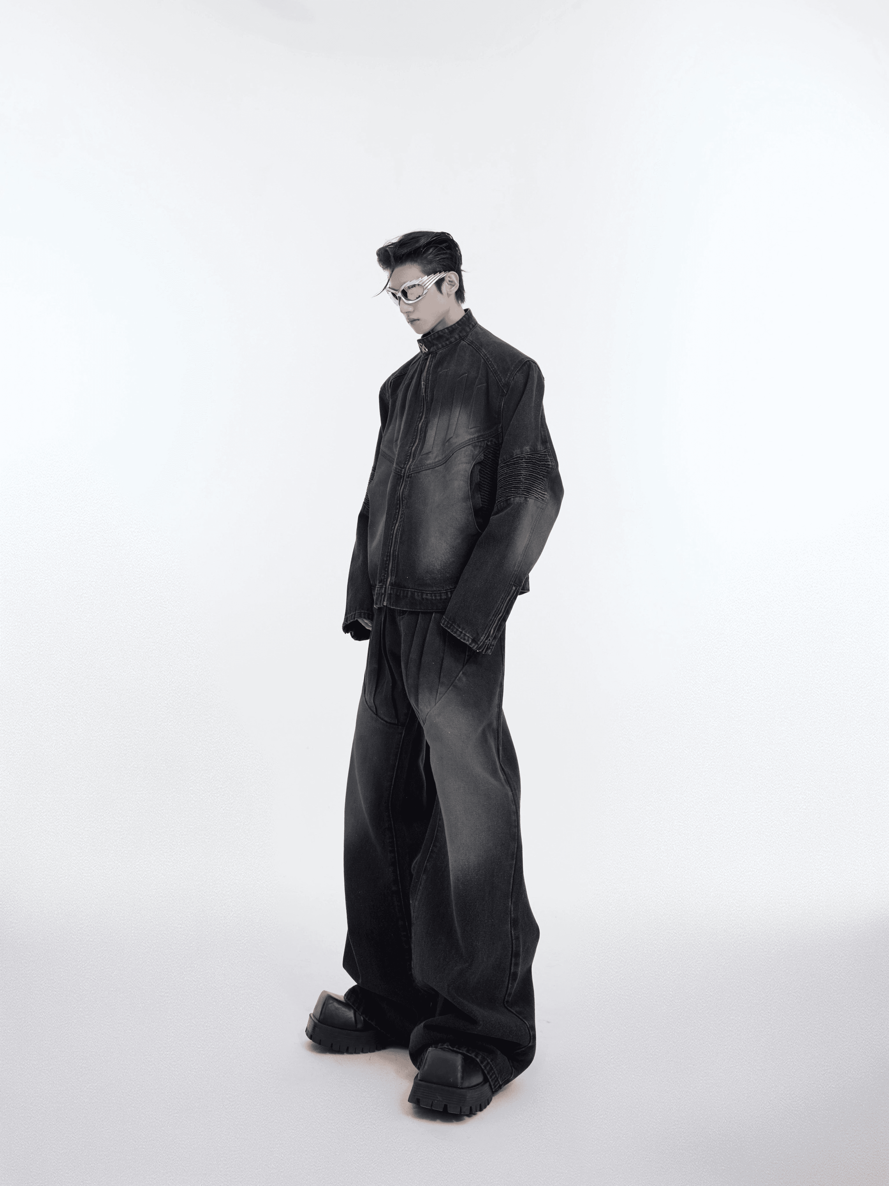 Washed Standing-collar Denim Jacket & Wide-leg Denim Jeans Setup