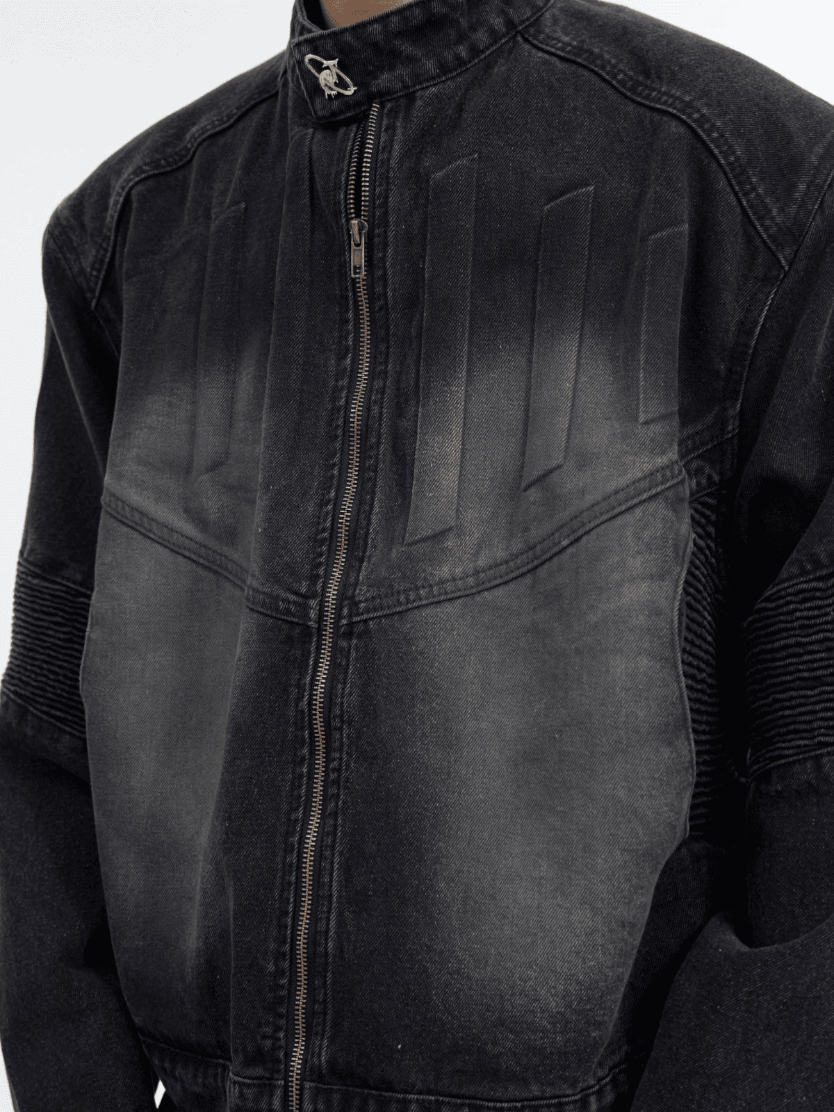 Washed Standing-collar Denim Jacket & Wide-leg Denim Jeans Setup