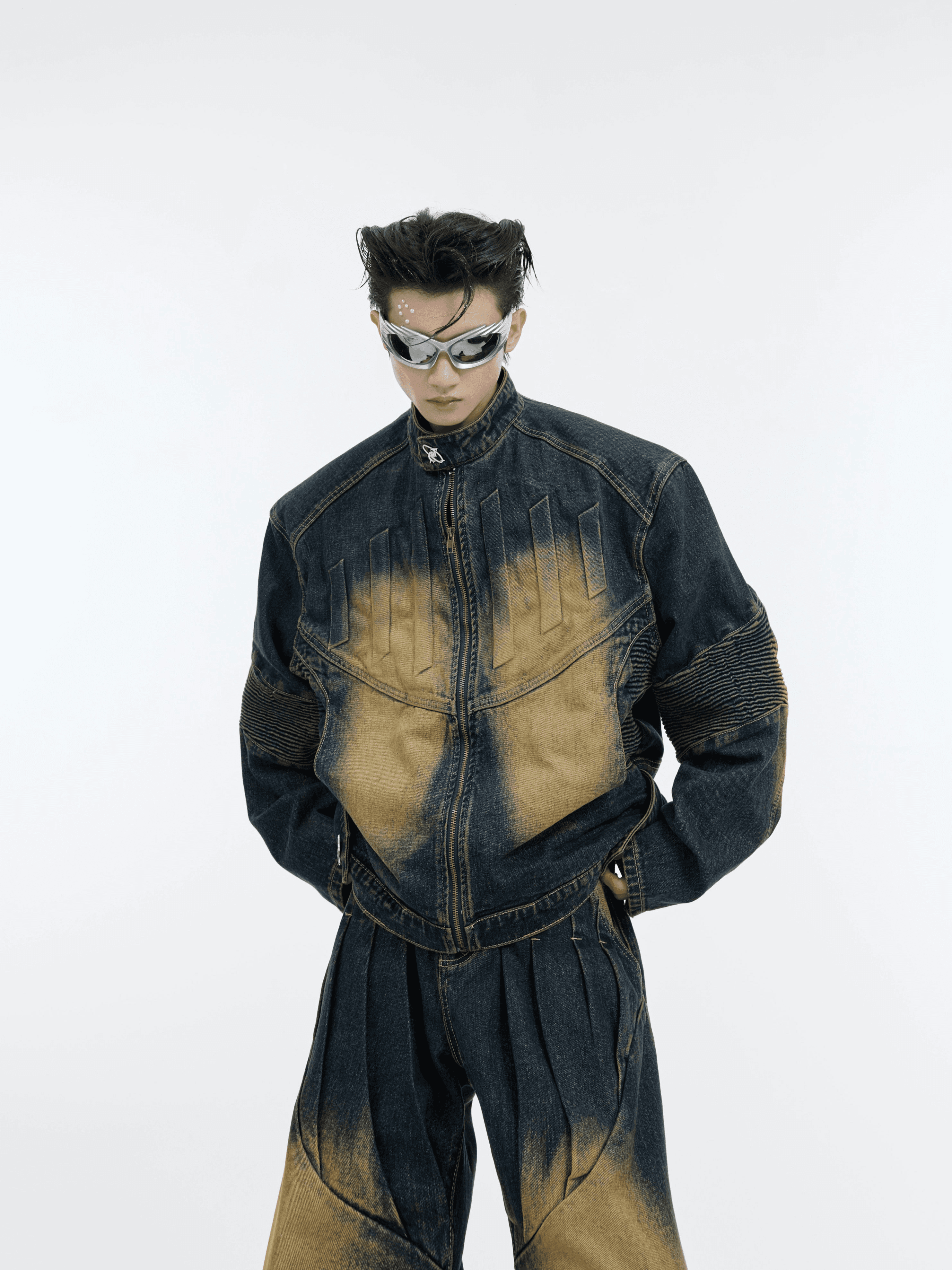 Washed Standing-collar Denim Jacket & Wide-leg Denim Jeans Setup