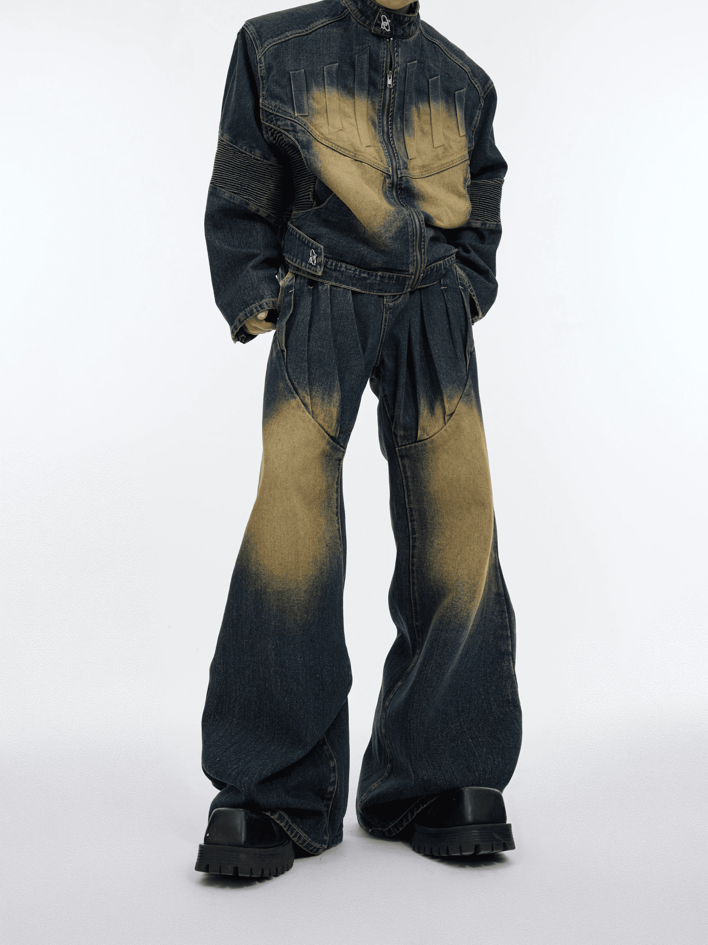 Washed Standing-collar Denim Jacket & Wide-leg Denim Jeans Setup