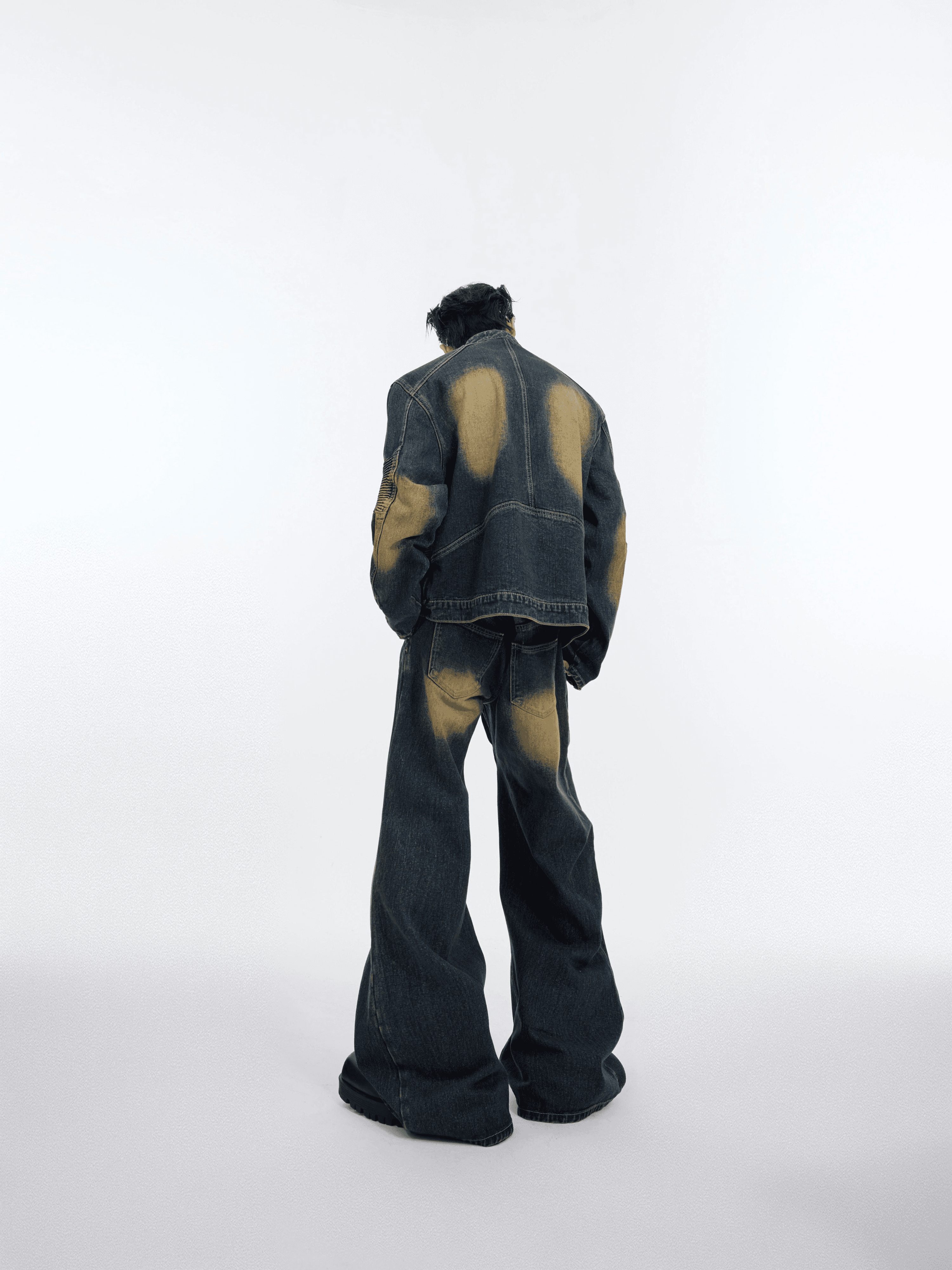 Washed Standing-collar Denim Jacket & Wide-leg Denim Jeans Setup