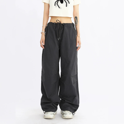 Wide-Leg Drawstring Cargo Pants - Gray / M