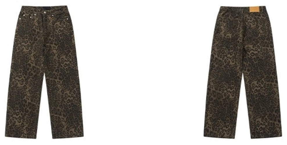 Vaqueros de mezclilla con estampado de leopardo y pierna ancha