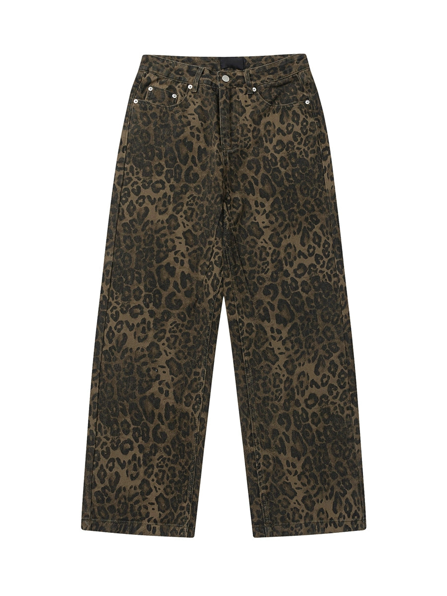 Vaqueros de mezclilla con estampado de leopardo y pierna ancha