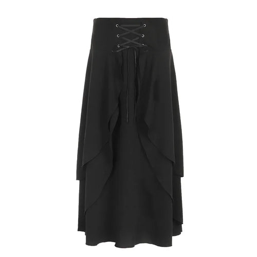 Falda larga de cintura alta con volantes en capas para mujer, elegante, estilo pastel, ideal para fiestas, bodas e invitadas, estilo Y2K, color negro vintage liso, corte en A. - NEGRO / S