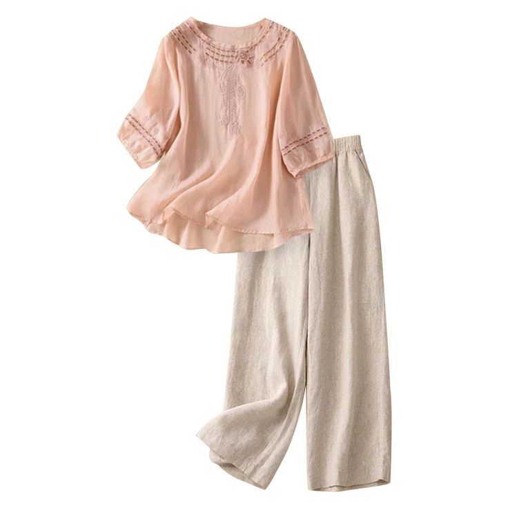 Summer Beach Set Embroidered GauzeTop with Wide Leg Palazzo Pants