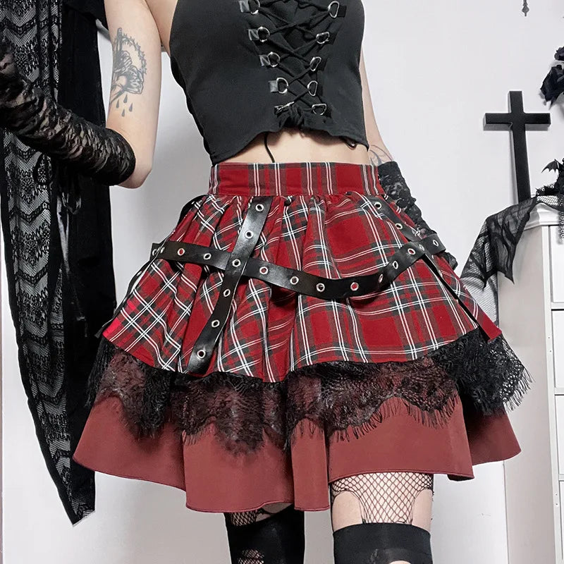 Falda mini gótica a cuadros estilo Harajuku, estilo Lolita Y2K, con encaje dulce y plisada.