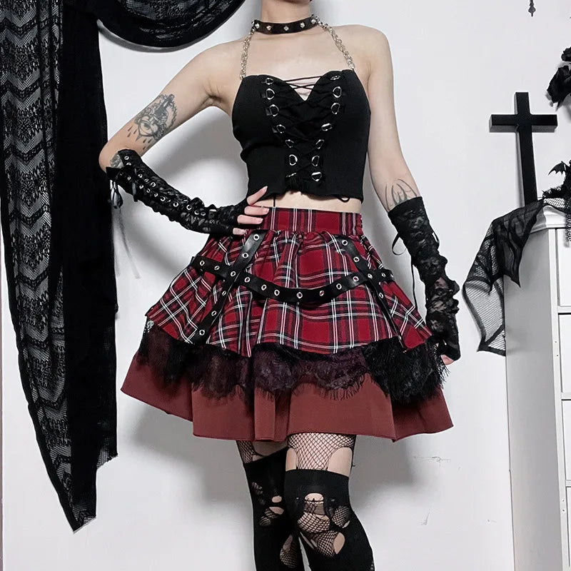 Falda mini gótica a cuadros estilo Harajuku, estilo Lolita Y2K, con encaje dulce y plisada.
