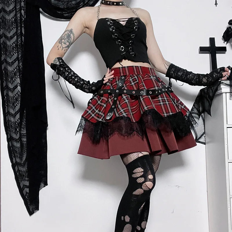 Falda mini gótica a cuadros estilo Harajuku, estilo Lolita Y2K, con encaje dulce y plisada.