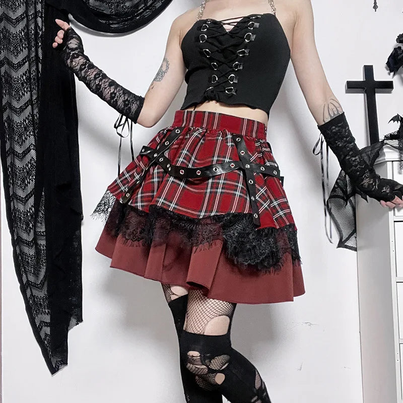 Falda mini gótica a cuadros estilo Harajuku, estilo Lolita Y2K, con encaje dulce y plisada.