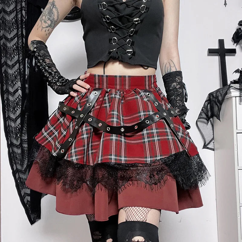 Falda mini gótica a cuadros estilo Harajuku, estilo Lolita Y2K, con encaje dulce y plisada.