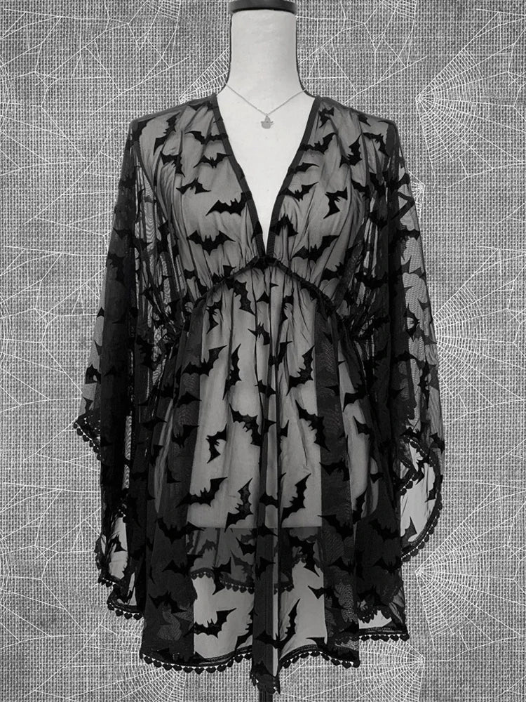 Robe de soirée grunge en mousseline transparente noire à motif chauve-souris, style gothique, dentelle et e-girl