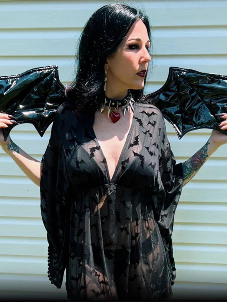 Robe de soirée grunge en mousseline transparente noire à motif chauve-souris, style gothique, dentelle et e-girl