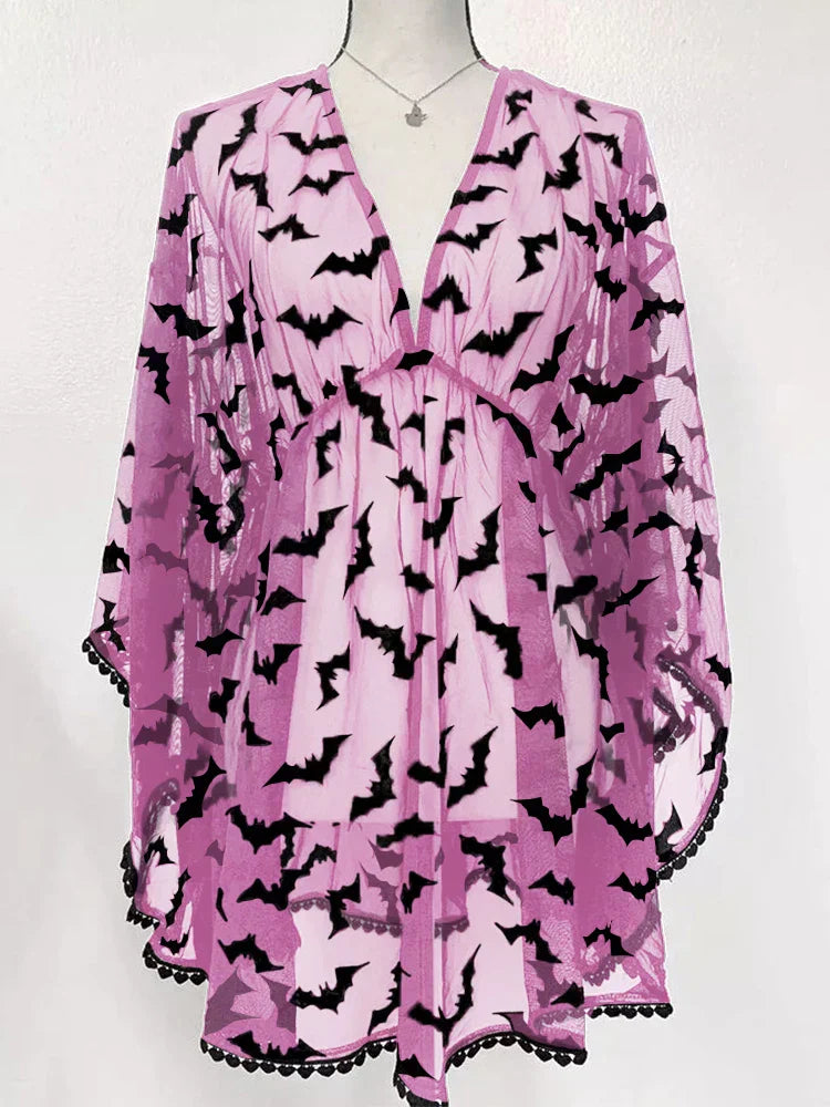 Robe de soirée grunge en mousseline transparente noire à motif chauve-souris, style gothique, dentelle et e-girl