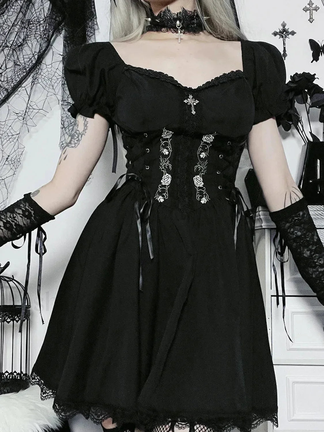 A-Line Pleated Hem Swing Harajuku Summer Lolita Lace Trim Y2K Retro Streetwear Dress