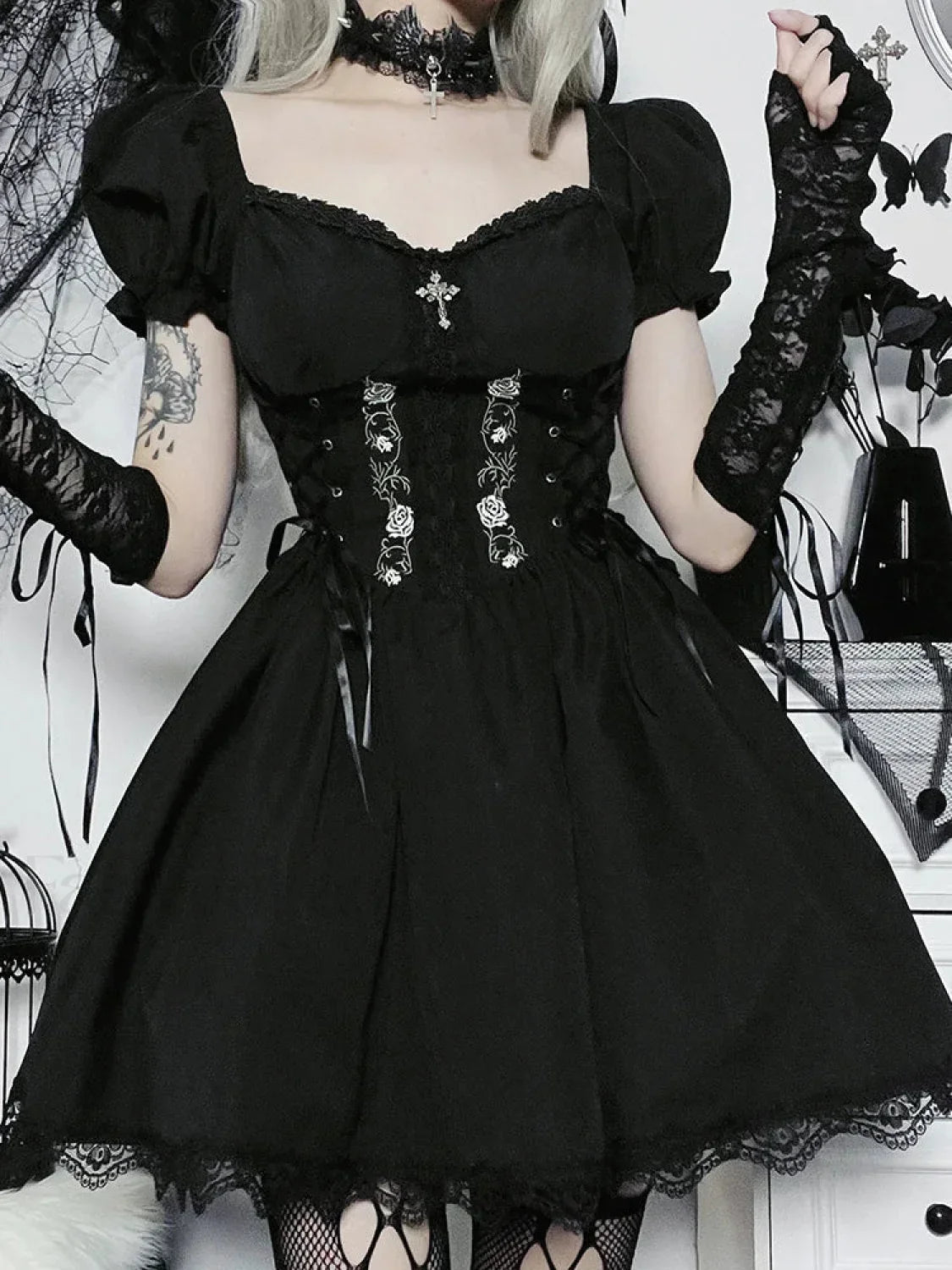 A-Line Pleated Hem Swing Harajuku Summer Lolita Lace Trim Y2K Retro Streetwear Dress