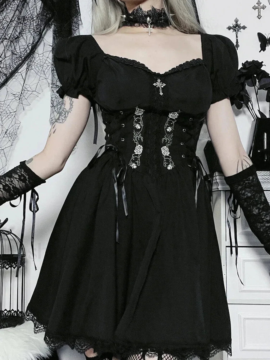 A-Line Pleated Hem Swing Harajuku Summer Lolita Lace Trim Y2K Retro Streetwear Dress