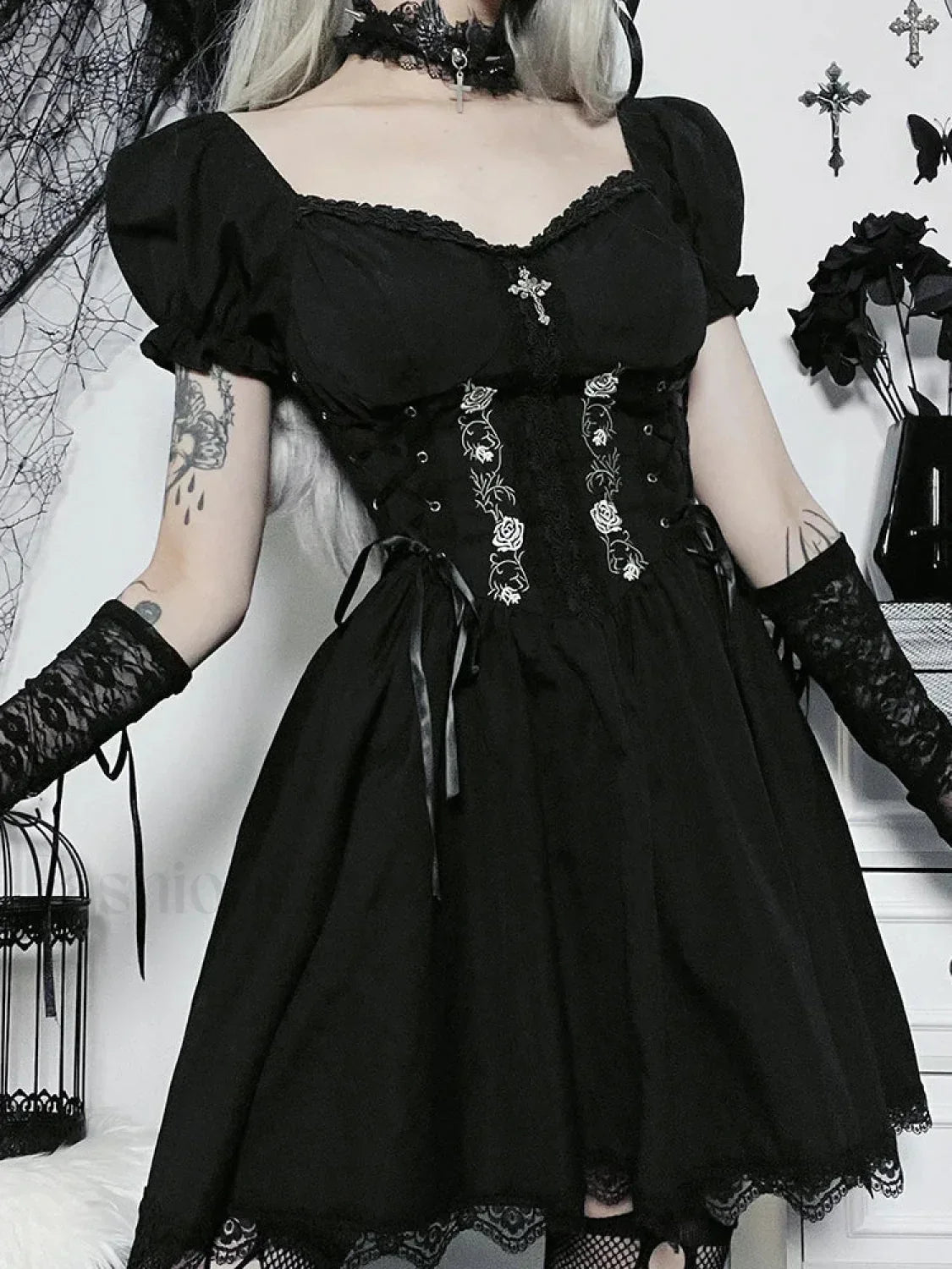 A-Line Pleated Hem Swing Harajuku Summer Lolita Lace Trim Y2K Retro Streetwear Dress