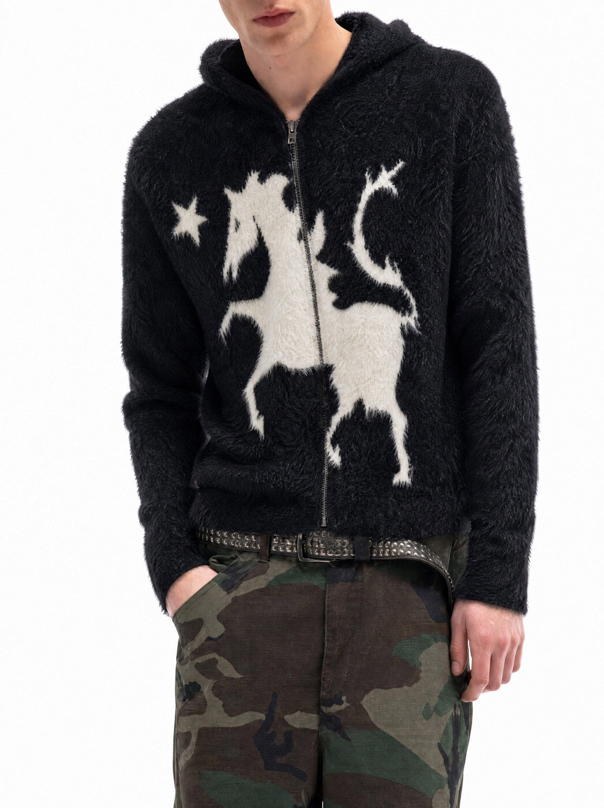 Madxmarx Fuzzy Graphic Zip-Up Sweater
