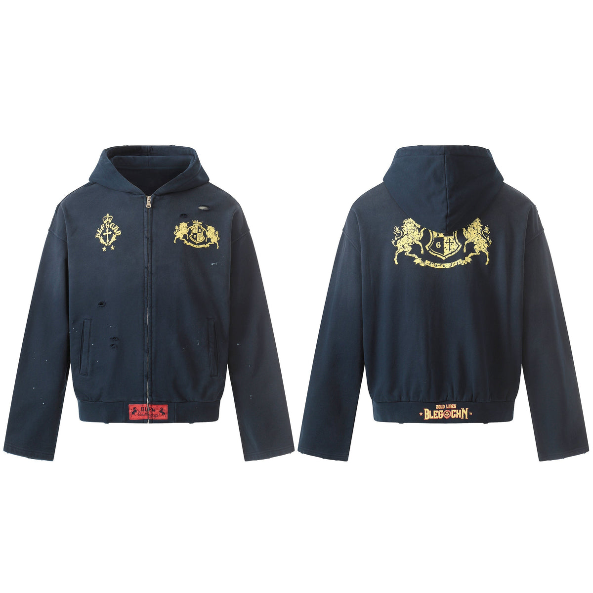 Madxmarx Distressed Crest Zip-Up Hoodie