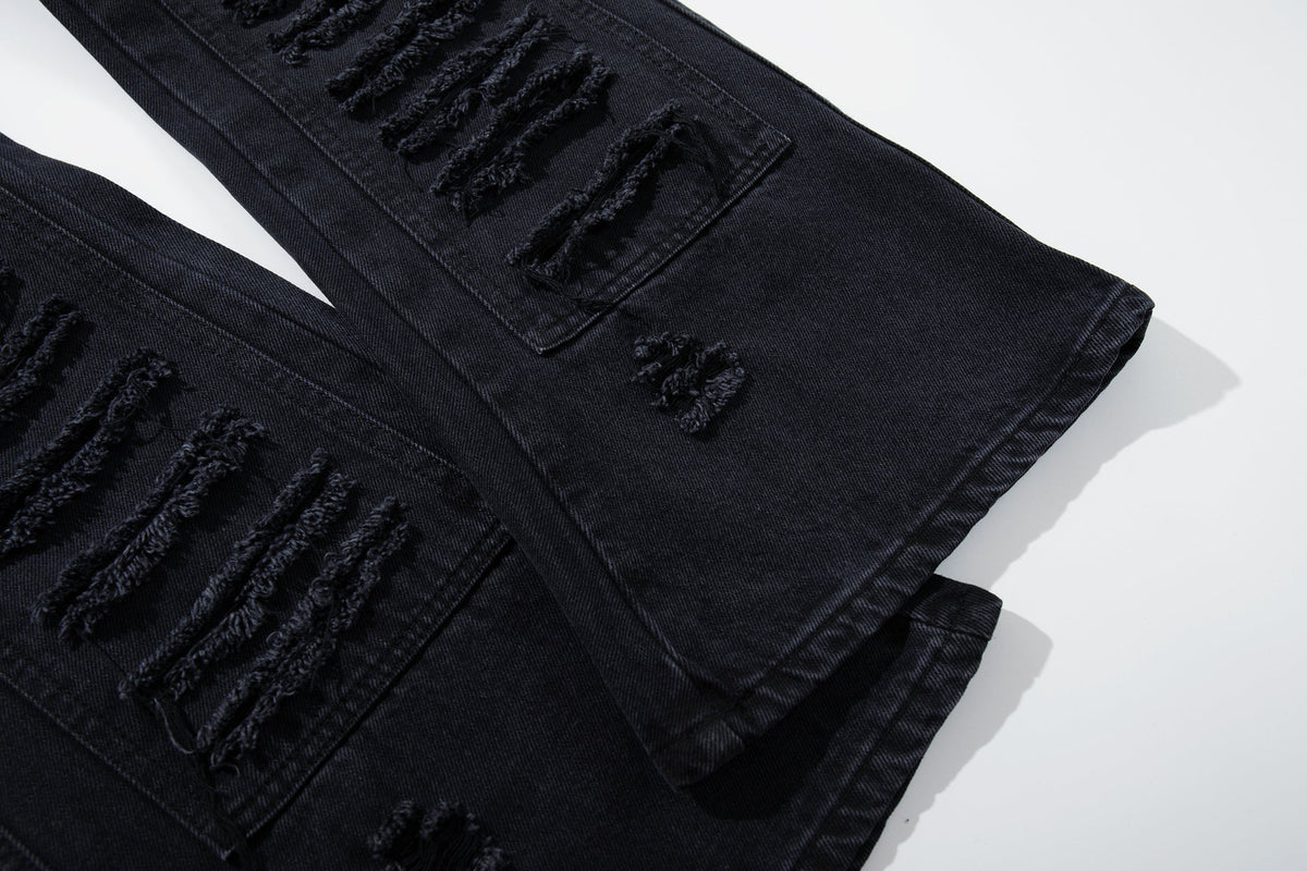 Calça Jeans Wide-Leg Preta Canelada Desfiada Madxmarx