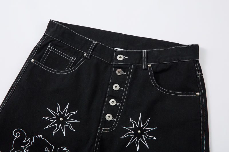 Madxmarx Embroidered Crest Wide-Leg Jeans