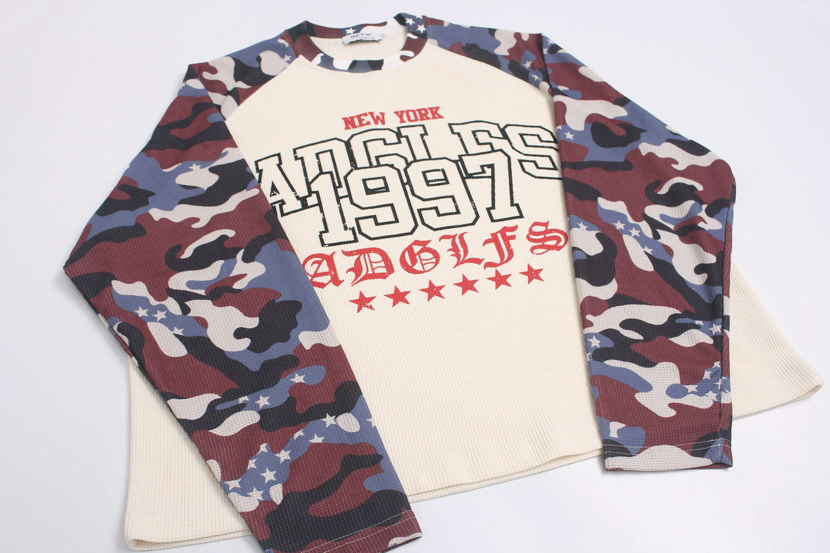 Madxmarx Camo Sleeve Varsity Graphic Long Sleeve Tee
