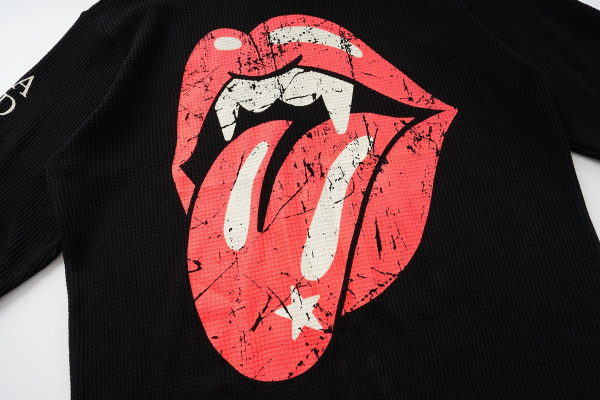 Madxmarx Waffle Knit Lips Graphic Long Sleeve Tee