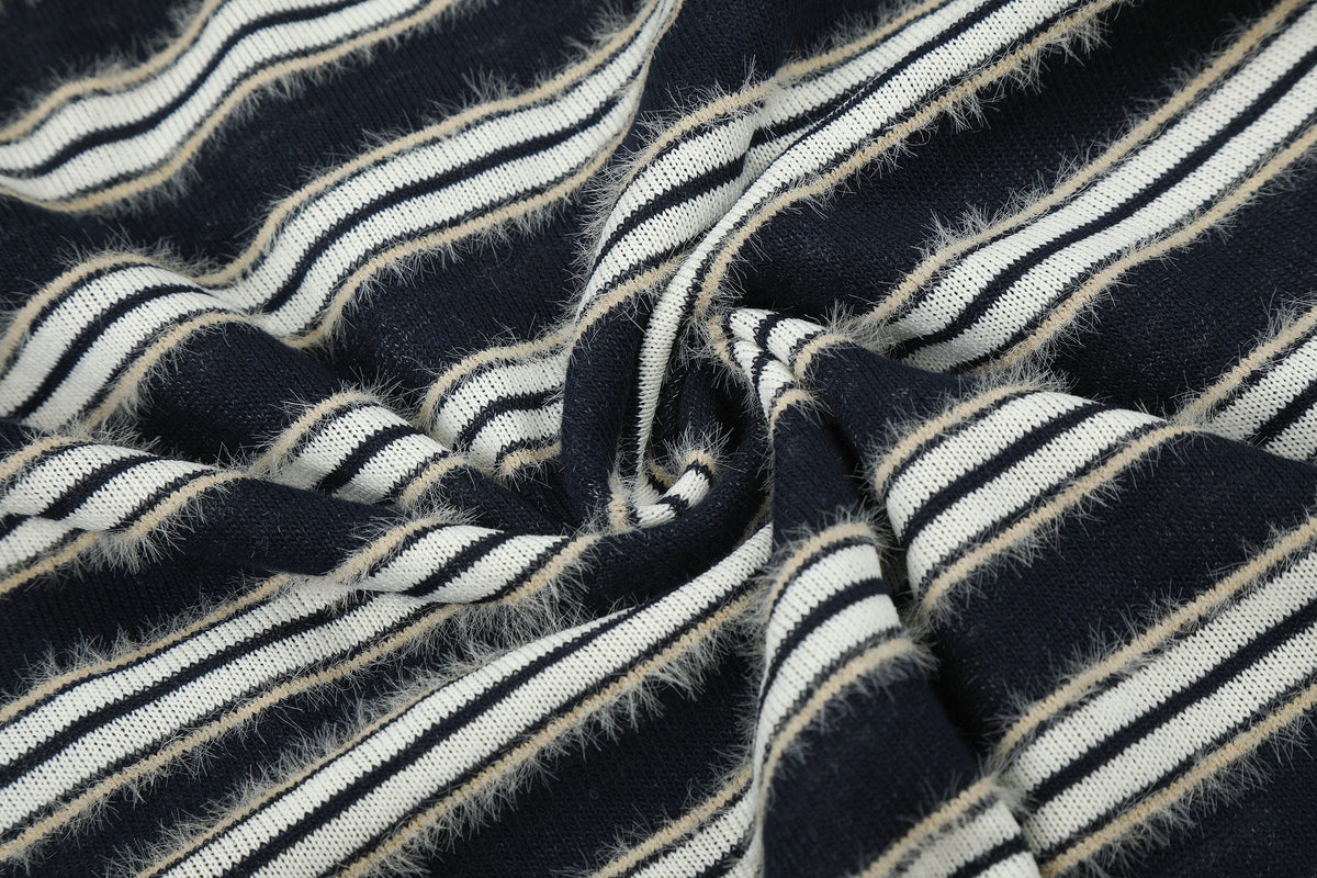 Madxmarx Vintage Striped Fur Collar Long Sleeve Polo
