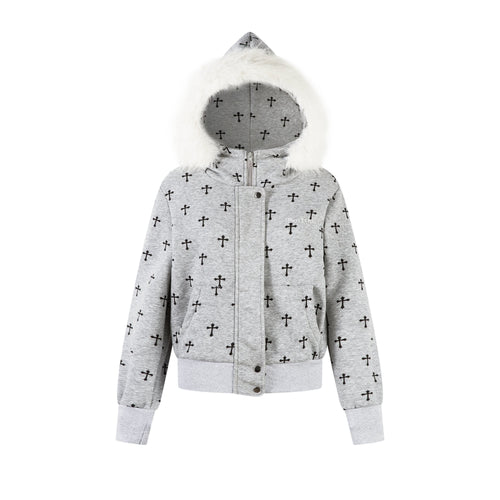 Madxmarx Cross Print Faux Fur Hooded Jacket - S / Grey