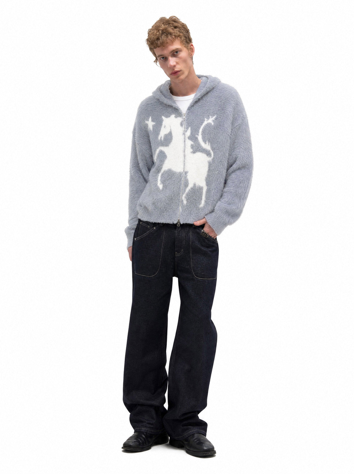 Madxmarx Fuzzy Graphic Zip-Up Sweater