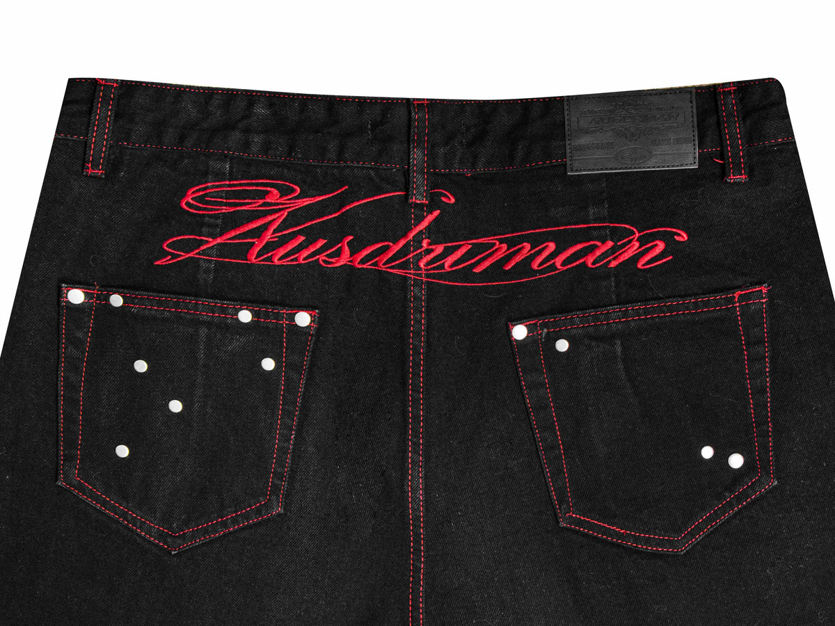 Madxmarx Red Stitch Studded Wide-Leg Jeans